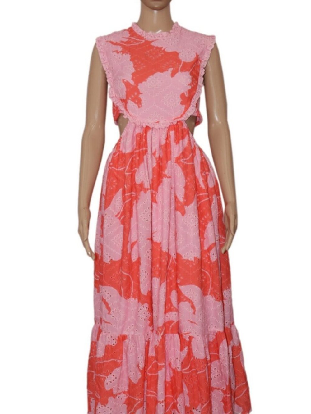 V By Very Printed Eyelet Embroidered Smocked Lace Trim Cutout Maxi Dress M